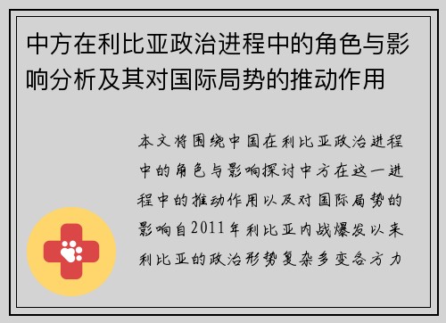 中方在利比亚政治进程中的角色与影响分析及其对国际局势的推动作用